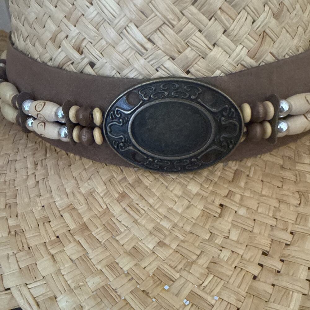 Henschel Hat Co Straw Cowboy Hat Medium With Leather And Beads Hatband Made USA - Picture 11 of 14